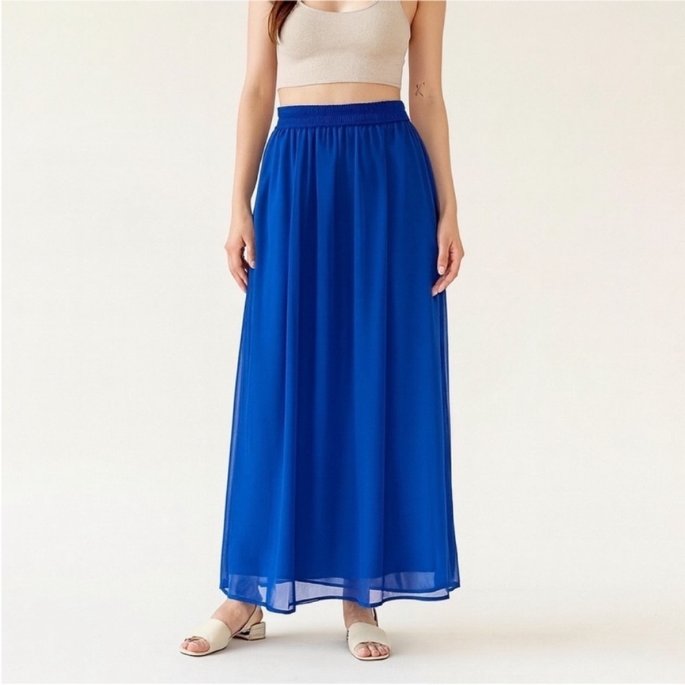 Vintage Sheer Maxi Skirt Y2K Chiffon High Waist Cobalt Royal Blue Size Small